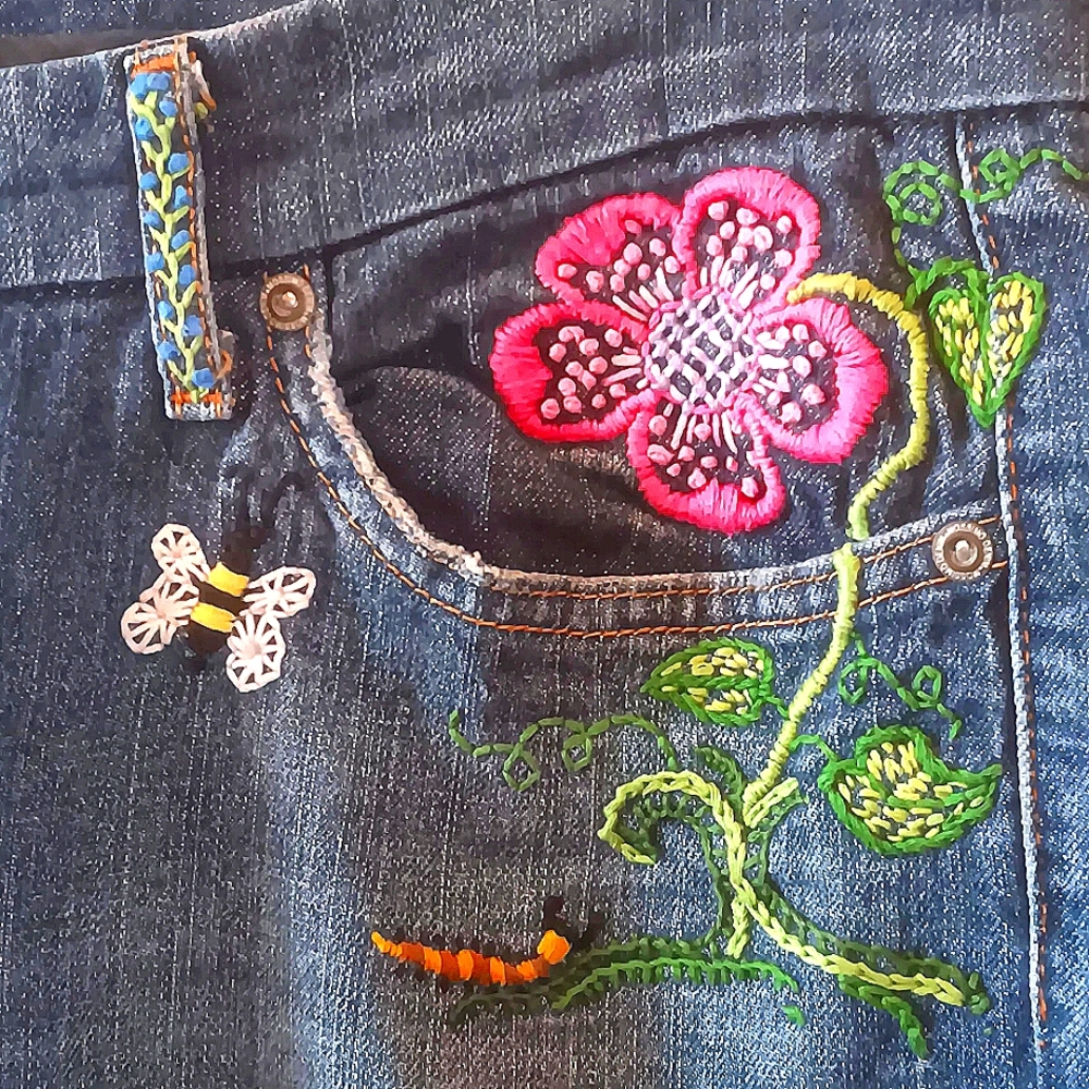 Hand Embroidered Hippie Low Rise Jeans 16 18 Unique Artsy Festival Funky - Picture 7 of 15